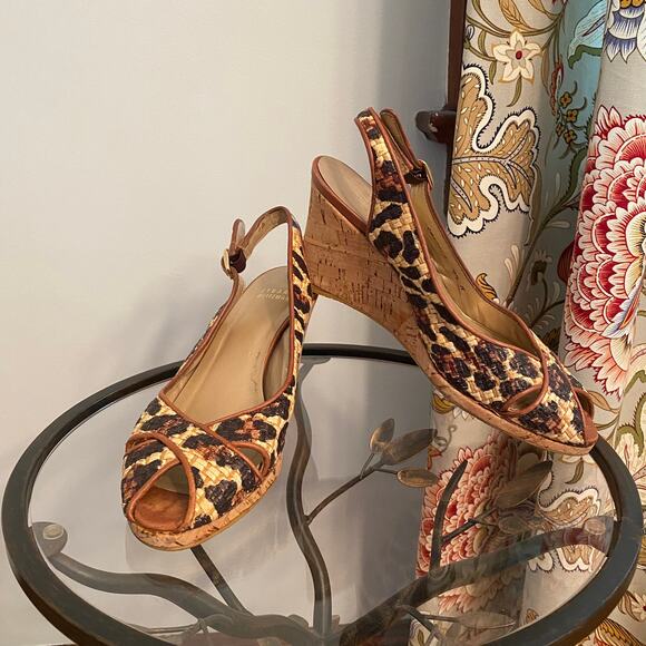 Stuart Weitzman animal print peep toe cork wedge shoes - Picture 1 of 14